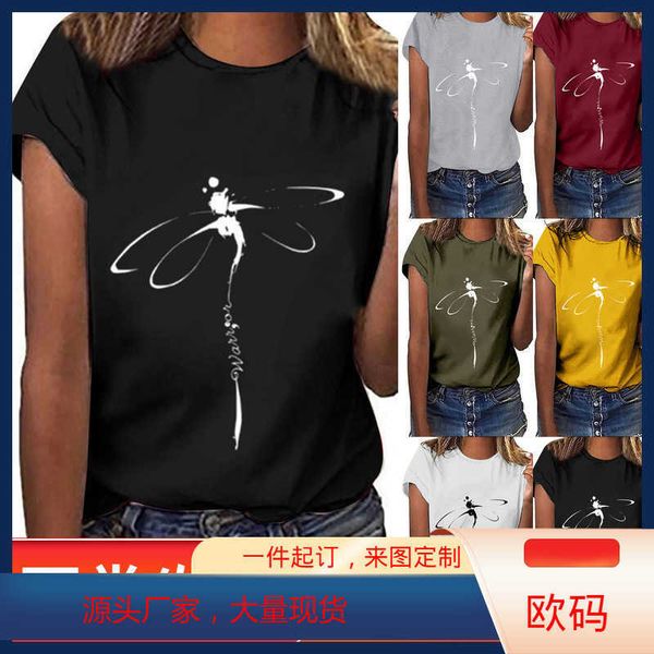 2021 primavera/verão nova camiseta de manga curta com estampa de letras padrão libélula solta grande gola redonda blusa feminina