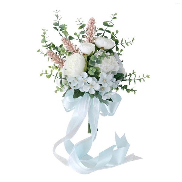 Dekorative Blumen, romantische Hochzeitssträuße für die Braut, Eukalyptus mit Seidenband, künstliche Kirche