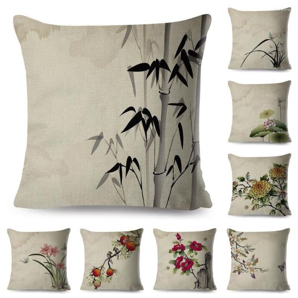 Kissen Chinesische Tinte Pflanze Fall Dekorative Blumen Blatt Quadratische Abdeckung Für Sofa Hause Gedruckt Polyester Kissenbezug 45 45 cm