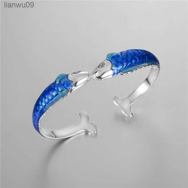 Stile nazionale Drop Craft Pisces Carp Bangle Placcato argento Personalità della moda Bracciali con apertura di pesci animali squisiti SL036 L230704