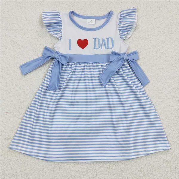 Großhandel Baby Mädchen Stickerei Ich Liebe Papa Kurzarm Kleid Kind Kinder Kleinkind Blau Gestreifte Kleidung