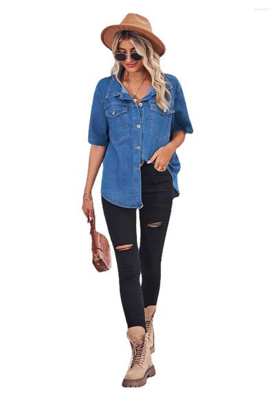 Blusas Femininas Estilo Europeu Jeans Camisa Feminina Manga Curta Blusa Jean Casual Top Drop Shirts