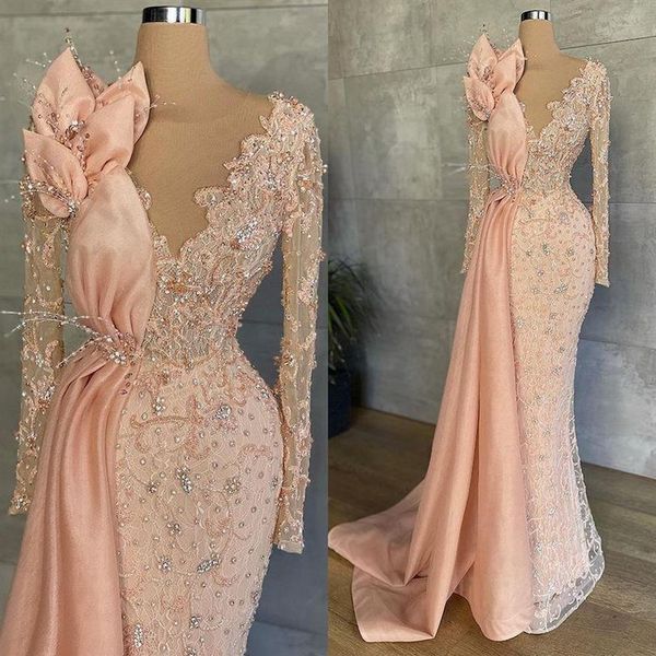 Vestidos formais de noite sereia rosa pêssego mangas compridas renda brilhante frisado ilusão aso ebi vestidos de baile africanos BC108852597