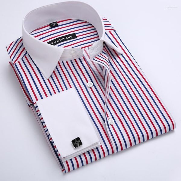 Camisas casuais masculinas 2023 de negócios de manga comprida com abotoaduras francesas listradas combinando com cores finas