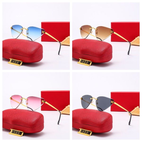 Modedesigner-Sonnenbrille für Damen, Strand, großes Katzenaugen-Design, randlos, Farbverlaufsgläser, Super-Vision-Spektakel, Panther-Rahmen, leichtes goldfarbenes Metall, schwarzes Gehäuse