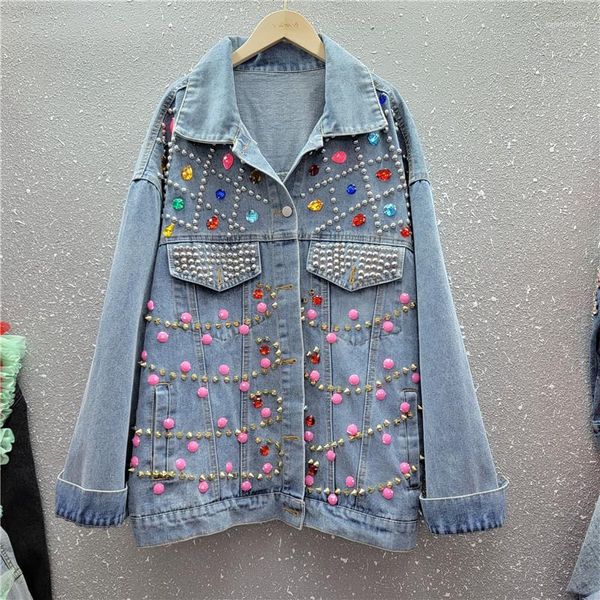 Damenjacken schwere Arbeit Perlen Diamanten Denim Jacke Frauen lässig Cowboy Outwee Spring Lose Langarm Jeans Streetwear