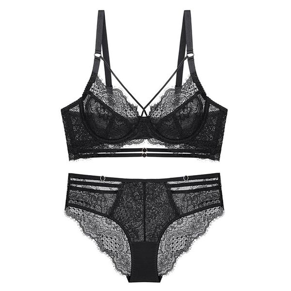 Conjunto de calcinha e sutiã transparente ultrafino de renda sexy com pedras push up sutiã bandagem lingerie feminina A B C D Copa 2020 Novo Y2430