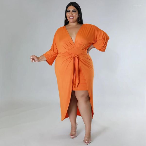 Plus Size Kleider WUHE Frauen Kleid Solide Batwing Halbarm V-ausschnitt Geraffte Bleistift Vintage Vestidos Sommer Outfits Mode Steet