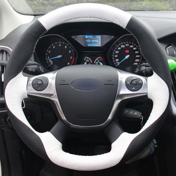 Белый черный подлинный кожаный рулевой рулевой крышку ручного колеса для Ford Focus 3 2012-2014 Kuga 2013-2016243V