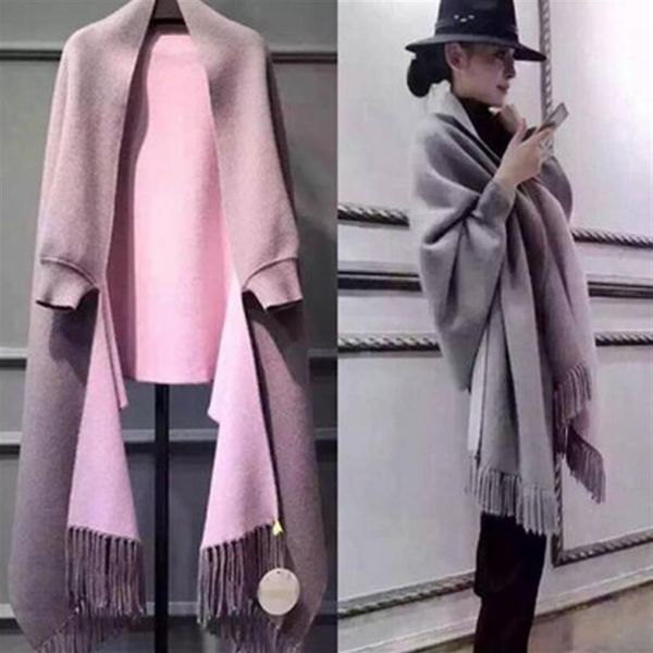 Sig.ra Autunno inverno doppio mantello sciarpa doppio uso spesso lungo con maniche imitazione cashmere cappotto intero242J
