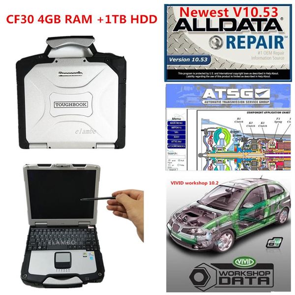 Autodiagnosetool CF-30 Toughbook, neuestes Alldata v10 53 und ATSG-Software, 3-in-1-TB-Festplatte, kompletter Satz auf CF30 4 GB Laptop 289S