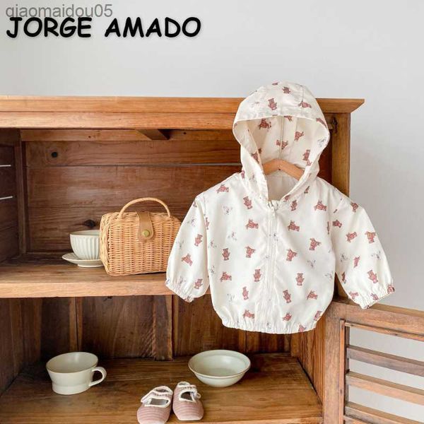 Primavera Bebê Menina Menino Casaco Fofo Ursinho Estampado Manga Longa Jaqueta com Capuz Fino Crianças Roupas Protetoras do Vento e do Sol E65020 L230712