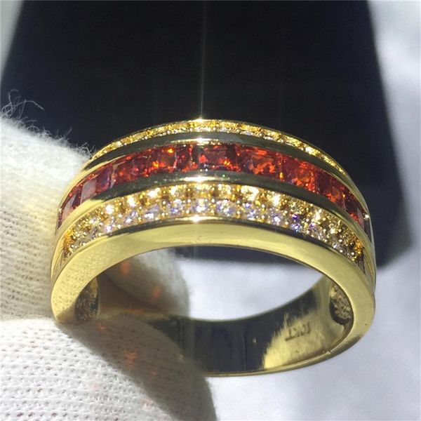 Anel de banda masculina redondo de 3 cores Garnet 5A Zircon pedra anel de festa de casamento para homens Joias da moda cheias de ouro amarelo 258R