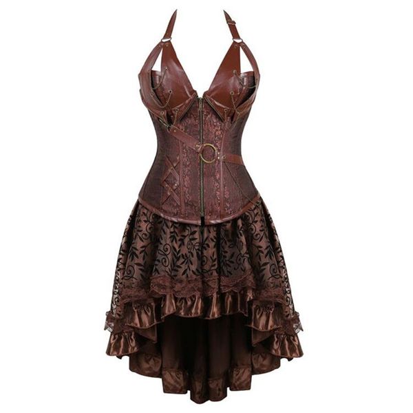 Стимпанк Bustier Corset Press Plus Size Black Brown -молния черная искусственная кожаная корсет с юбкой готический панк -бурлеск Pirate333p