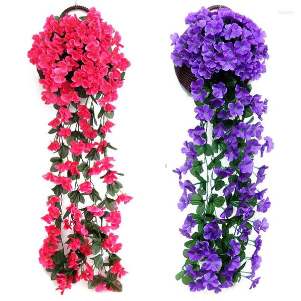 Flores decorativas violeta folha de hera artificial guirlanda videira falsa flor johnnyjump cesta para pendurar na parede orquídea festa de casamento decoração de casa