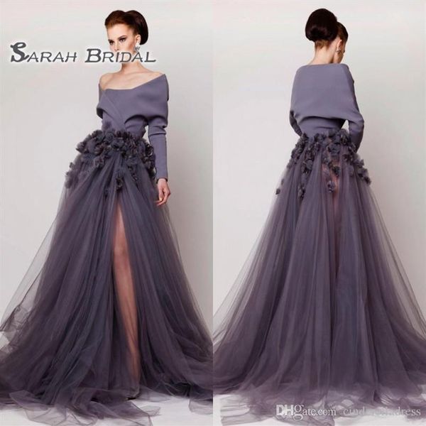 2020 Off Shoulder Arábia Saudita Mangas Longas Oriente Médio Vestido de Baile A Line Appliques Formal Party Wear Vestidos de Noite Alto Split261o