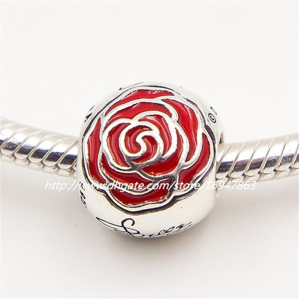 YENİ% 100 S925 STERLING Silver Belle'nin Kırmızı Emaye ile Büyülü Gül Takımı Boncuk Avrupa Pandora Takı Kazesetleri268f