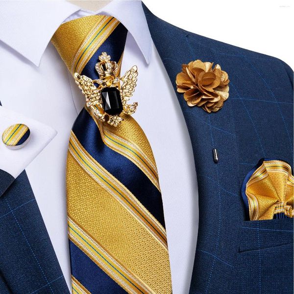 Laço Laço Clássico Azul Listrado Amarelo Para Homens Negócios Formal Gravata De Pescoço Lenço Abotoaduras Broche Pin Conjunto Masculino Dorp