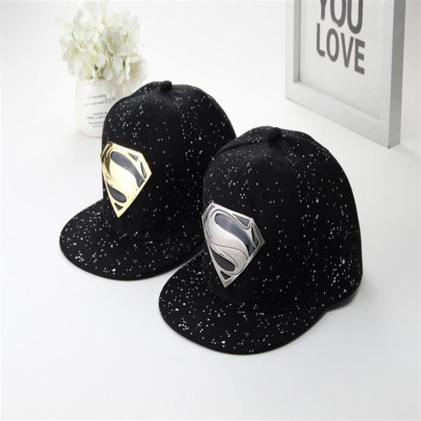 Fashion-the di alta qualità Designer di alta qualità Nuovo cappello da baseball Superman Coppia di metallo Plate Flat bordo piatto Hip Hop Hat260T