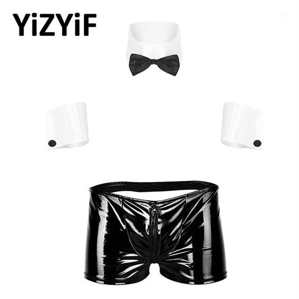 Roupa de fantasia masculina Roleplay Conjunto de lingerie sexy cintura baixa com zíper aberto BuBoxer cueca com gola e punhos Conjuntos Clubwear Bras314o