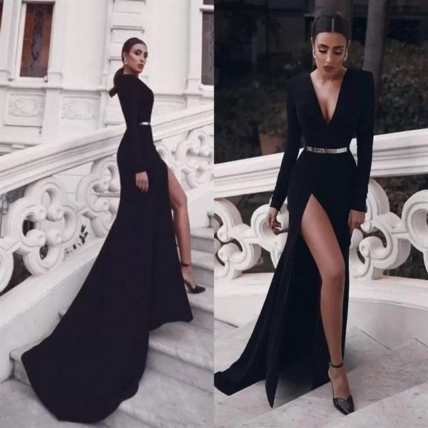 Vestidos de noite pretos sexy com fenda na coxa alta mangas compridas decote em V feminino vestidos para ocasiões formais Met Gala Celebridades veste BES121260L