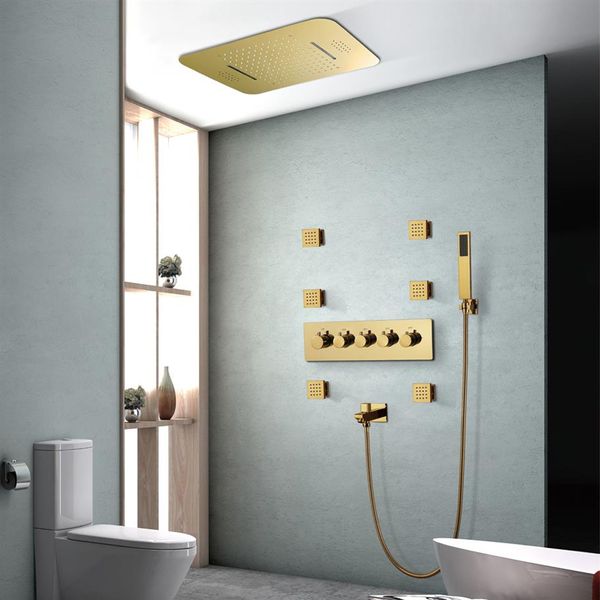 Set doccia con musica Bluetooth Soffione a cascata con soffione a pioggia Set doccia a LED moderno Miscelatore termostatico in ottone color oro310B