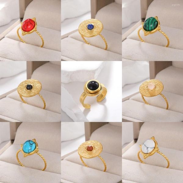 Cluster-Ringe 18 Karat Gold Farbe Edelstahl Naturstein Blau Grün Ring Frauen Böhmischer stilvoller verstellbarer Sommerschmuck