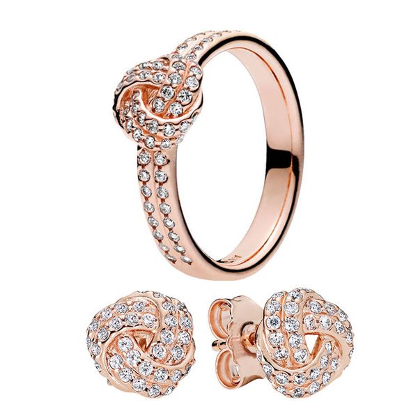 Conjunto de brincos e anéis de nó brilhante para Pandora 18K ouro rosa conjunto de joias para mulheres meninas anéis de diamante de cristal de luxo brinco com caixa original