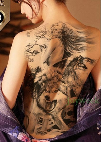 Adesivo de tatuagem temporária à prova d'água lobo e menina tatuagem nas costas inteira grandes adesivos tatto flash tatoo tatuagens falsas para mulheres