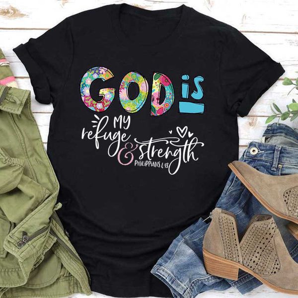 God Is Strength Print Damen Shirt Kurz Sl