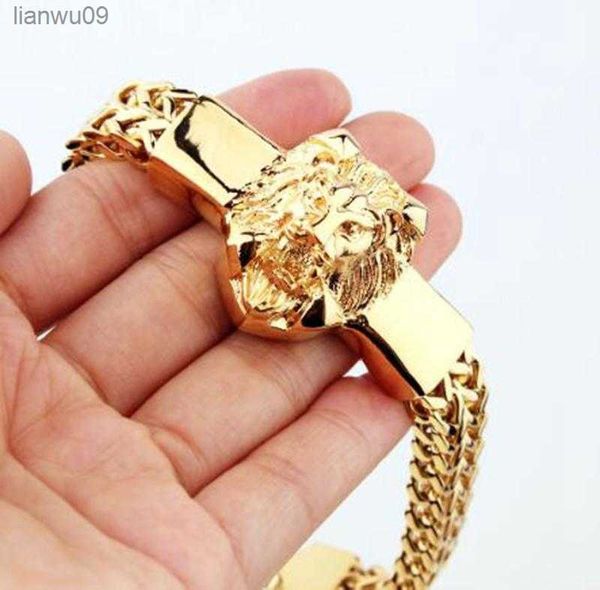 Moda de alta qualidade corrente de aço inoxidável cor de ouro cabeça de leão punk pulseira masculina tendência hip hop motociclista joias presentes L230704