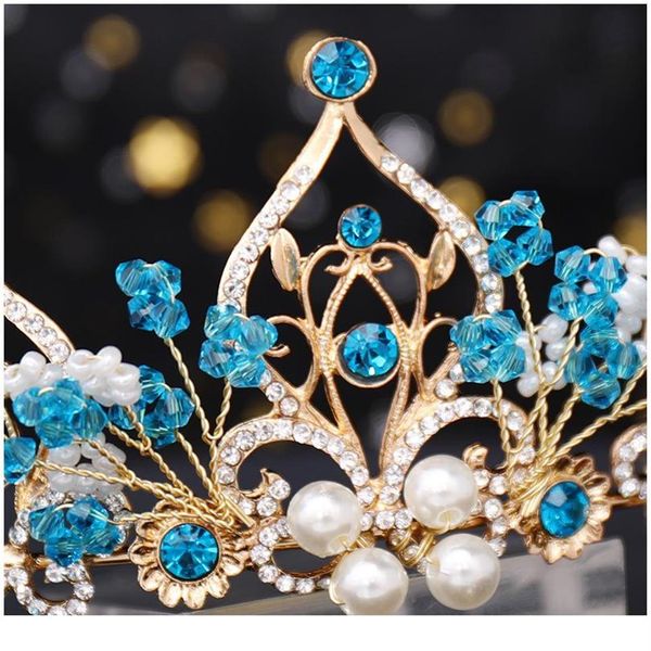 Haarschmuck Prinzessin Krone Blume Perle Blau Kristall Braut Diadem Hochzeit Tiara Kopfschmuck Haarschmuck qylWgP256s