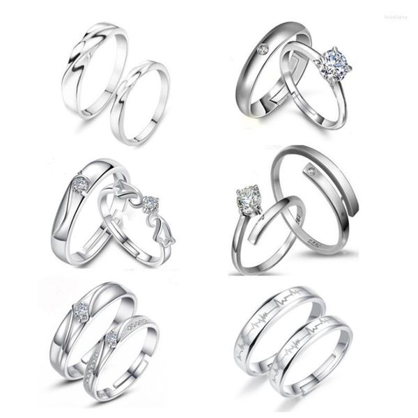 Cluster Anéis HOYON Conjunto de Anel de Casamento Para Casal Diamante Zircão Aberto 925 Cor Prata Jóias Promessa Live Mouth Ajuste Livre