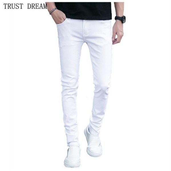 Moda Masculina Calça jeans skinny branca justa elástica para homens, ajuste pessoal, estação, calças jeans masculinas, roupas de rua, primavera, verão277F