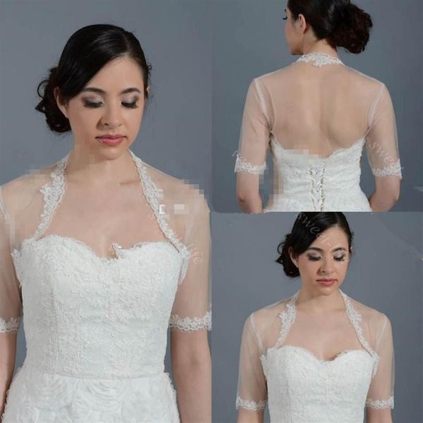 A buon mercato da sposa in pizzo Bolero da sposa Cap Wrap Shrug Avorio bianco Sheer manica corta Applique Tulle Giacca su misura per Weddin2476