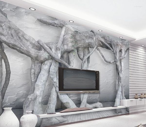 Sfondi Bacal Bianco e nero 3d Tridimensionale Grigio Arte Albero Radice Foresta vergine Sfondo TV Murales Carta da parati per pareti 3 D