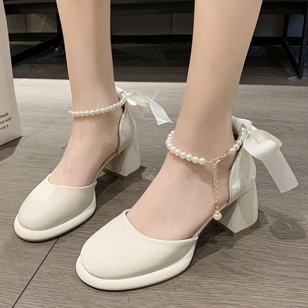 Scarpe eleganti Décolleté con fibbia alla caviglia con perle Décolleté con tacco alto Donna Back Bowtie Lace Up Mary Jane Scarpe Donna Autunno Piattaforma Tacchi alti Scarpe eleganti 230719