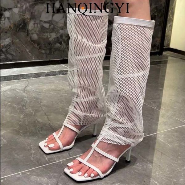 Sandali Décolleté da donna Stivali western per tacchi alti Eleganti scarpe da donna alte al ginocchio con punta aperta in maglia per donna Stivali lunghi Chelsea moderni 230719