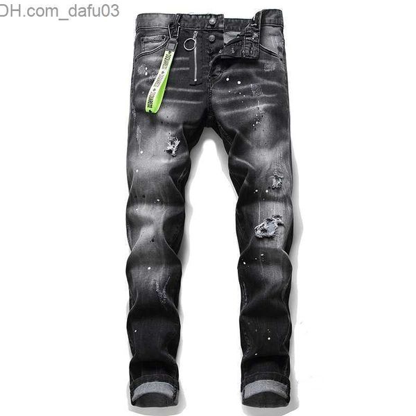 Jeans masculinos calças jeans homens rasgados remendados crachá pintado jeans reto slim fit hip hop casual denim jean para homem buracos quebrados meninos y23 z230801