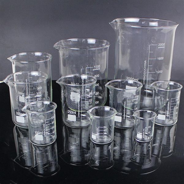 5 pz / set 25 ml 50 ml 100 ml 150 ml 500 ml bicchiere di vetro esperimento di chimica materiale da laboratorio per attrezzature da laboratorio scolastiche307O