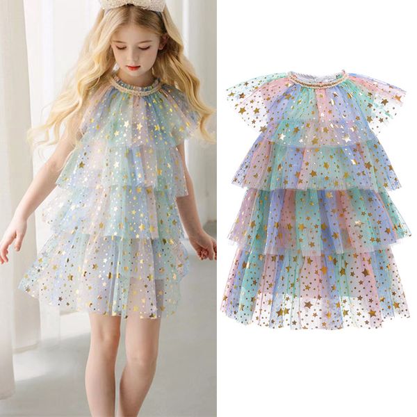 Girls Ruffle Princess Dress Fring Lace Tule Star Sequint