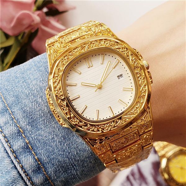 Top Swiss brand mens watch nautilus watches Vintage carved gold strap stainless steel unique designer quartz watch datejust high q282M