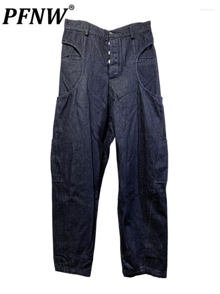 Männer Jeans PFNW Retro Doppelschicht aushöhlen breites Bein dreidimensionaler Schnitt solide Männer Herbst Flut schicke Nischenhosen 12A5195