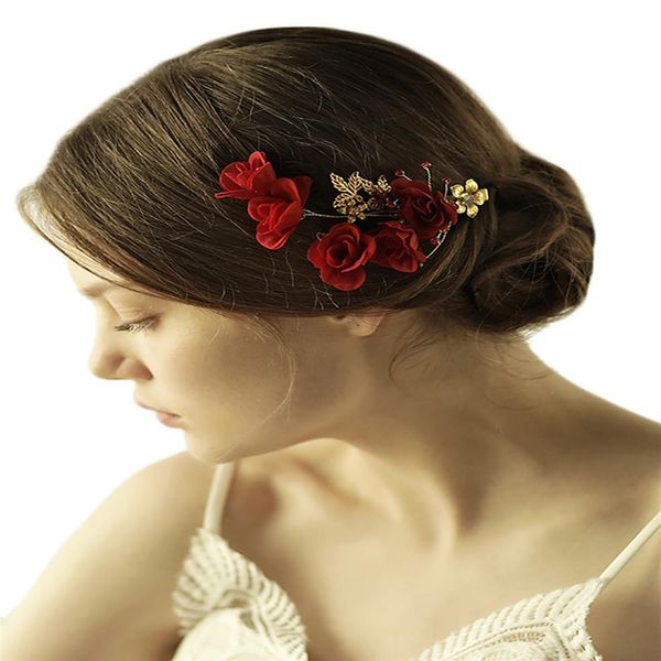 Vintage fait à la main rouge Rose pince à cheveux feuille d'or strass fleur casque mariée mariage accessoires275J