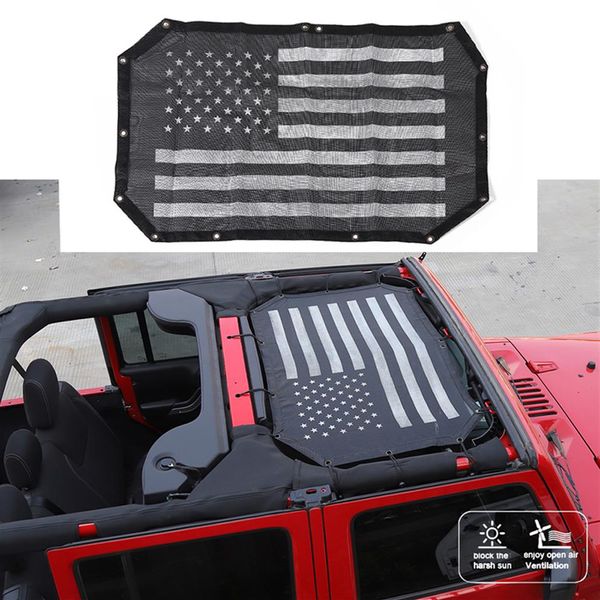 Tampa superior do guarda-sol de proteção UV de malha de teto de carro preta para Jeep Wrangler JK 2007-2017 Auto Acessórios exteriores EUA Flag308T