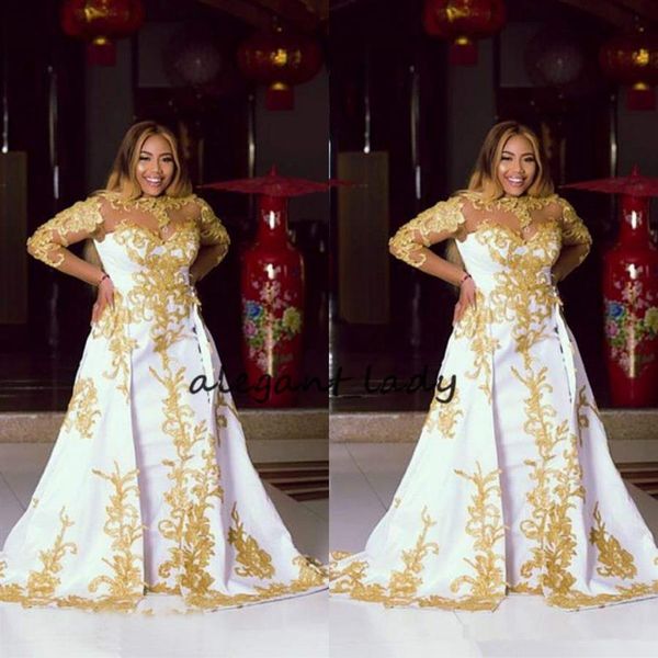 Vestidos formais de noite plus size com manga comprida 2023 transparente decote dourado rendado brilhante aplique dubai árabe africano vestidos de baile 199 anos