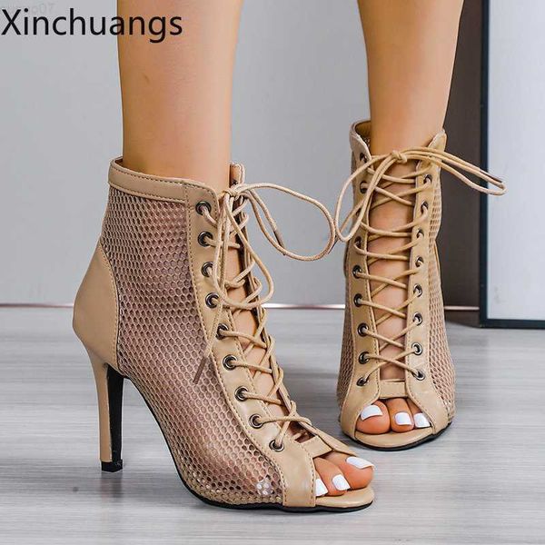 Sandali Donna Summer Hollow Mesh Heels Sandali Lace-Up Peep Toe Boots Dance Scarpe femminili L230720