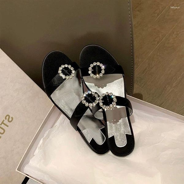 Chinelos de cetim estilo francês com fivela de strass e rasteirinhas para atividades ao ar livre, sandálias de dedo aberto casuais, sapatos femininos, sandálias