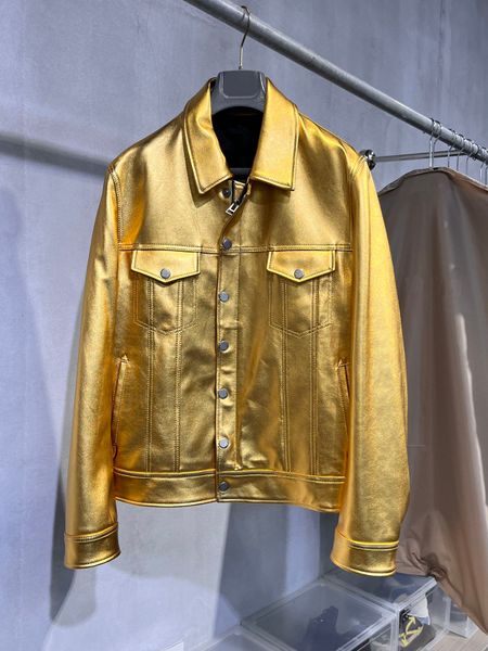 Jaqueta de couro masculina de alta qualidade, bolso de carga de luxo, jaqueta de ouro de peito único, jaqueta de designer de marca superior