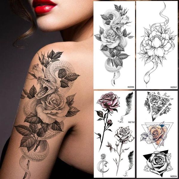 Creativo Lotus Snake Tatuaggi Temporanei Sticker Per Le Donne 3D Body Art Pittura Gambe Braccio Tatoo Decal Falso Impermeabile Tatuaggi Neri276Z